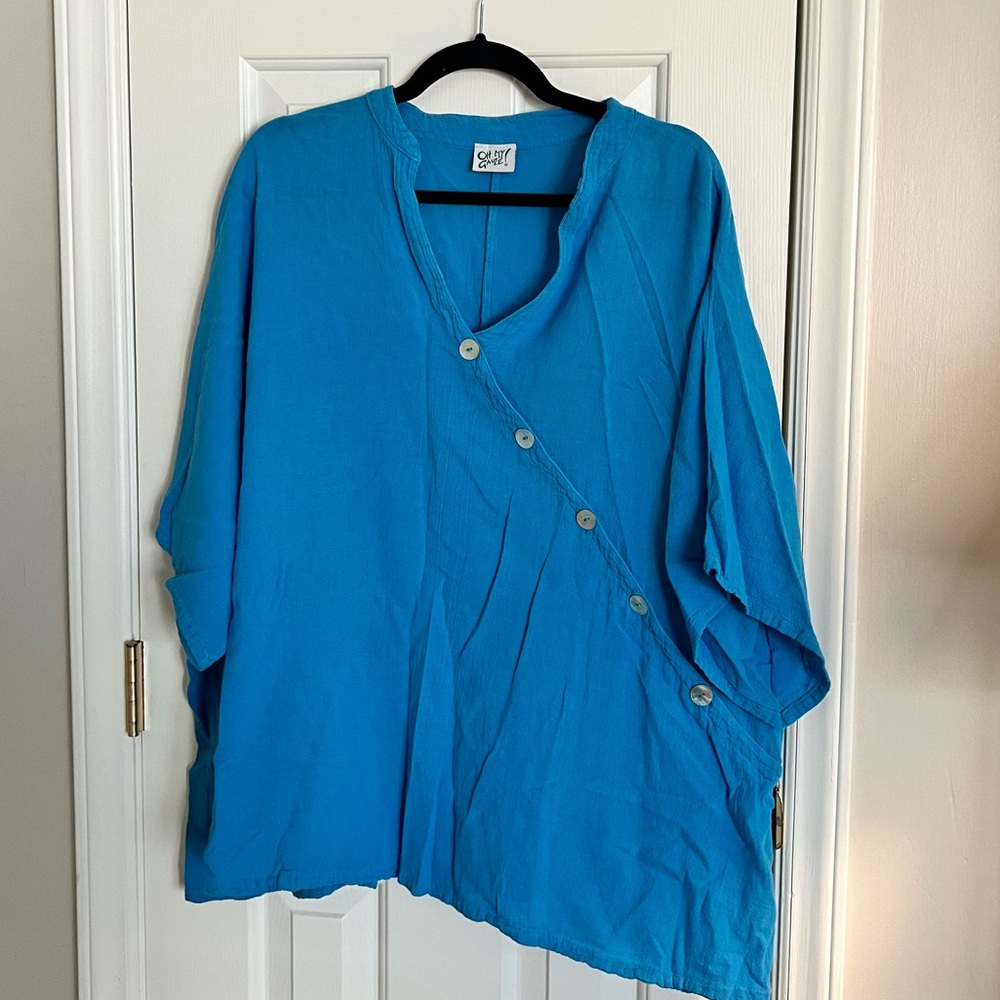 OH MY GAUZE! Womens Cross Button Front Cardigan Long Sleeve Top Blue Lagenlook